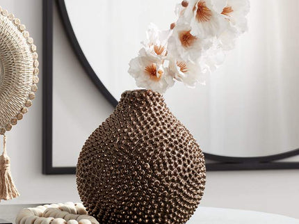 Studio 55D 8" High Glossy Brass Textured Ceramic Vase