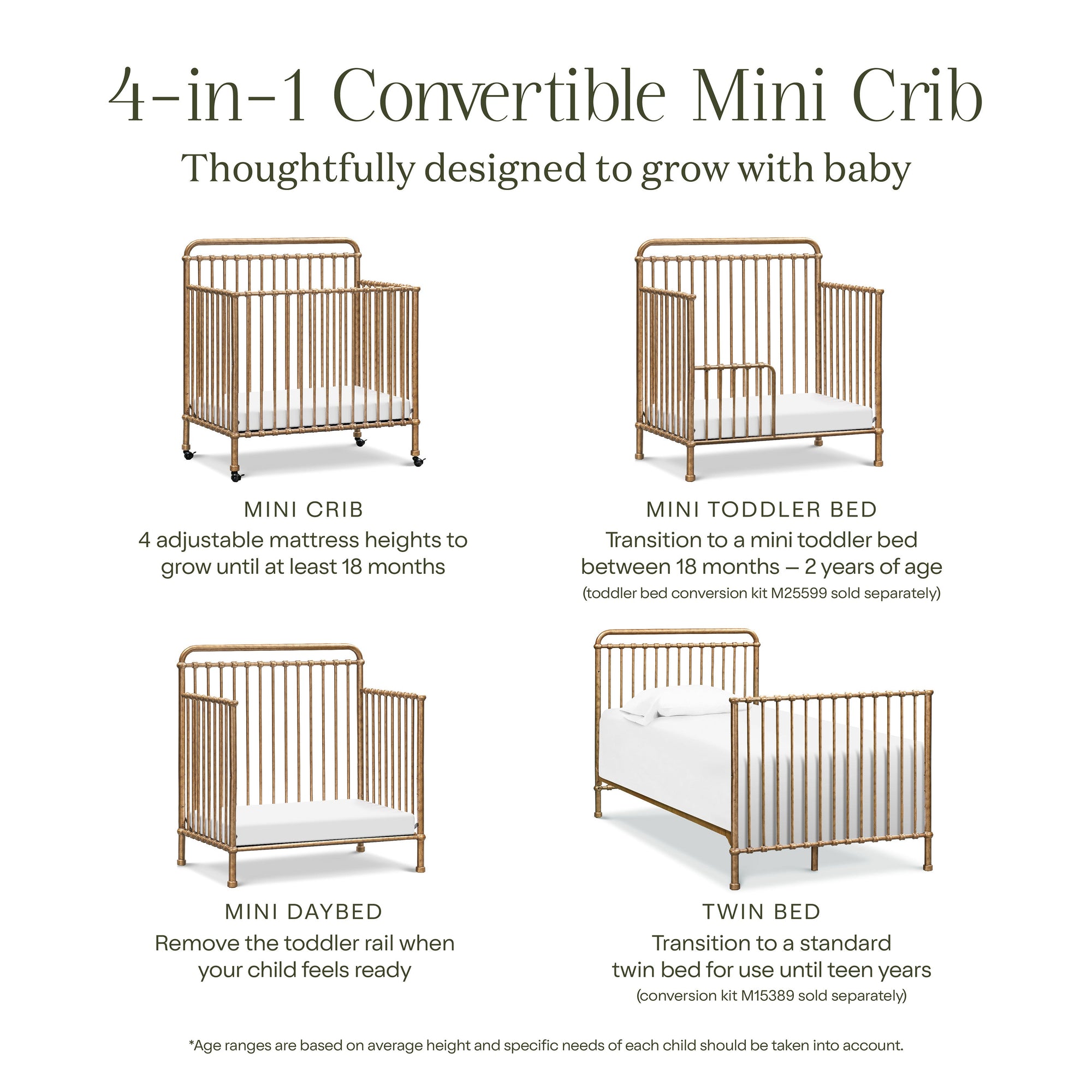 M15398VG,Namesake,Winston 4-in-1 Convertible Mini Crib in Vintage Gold