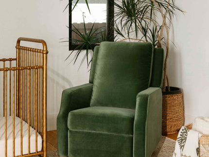M22287FGVLB,Namesake,Crewe Recliner and Swivel Glider in Forest Green Velvet w/Light Wood Base