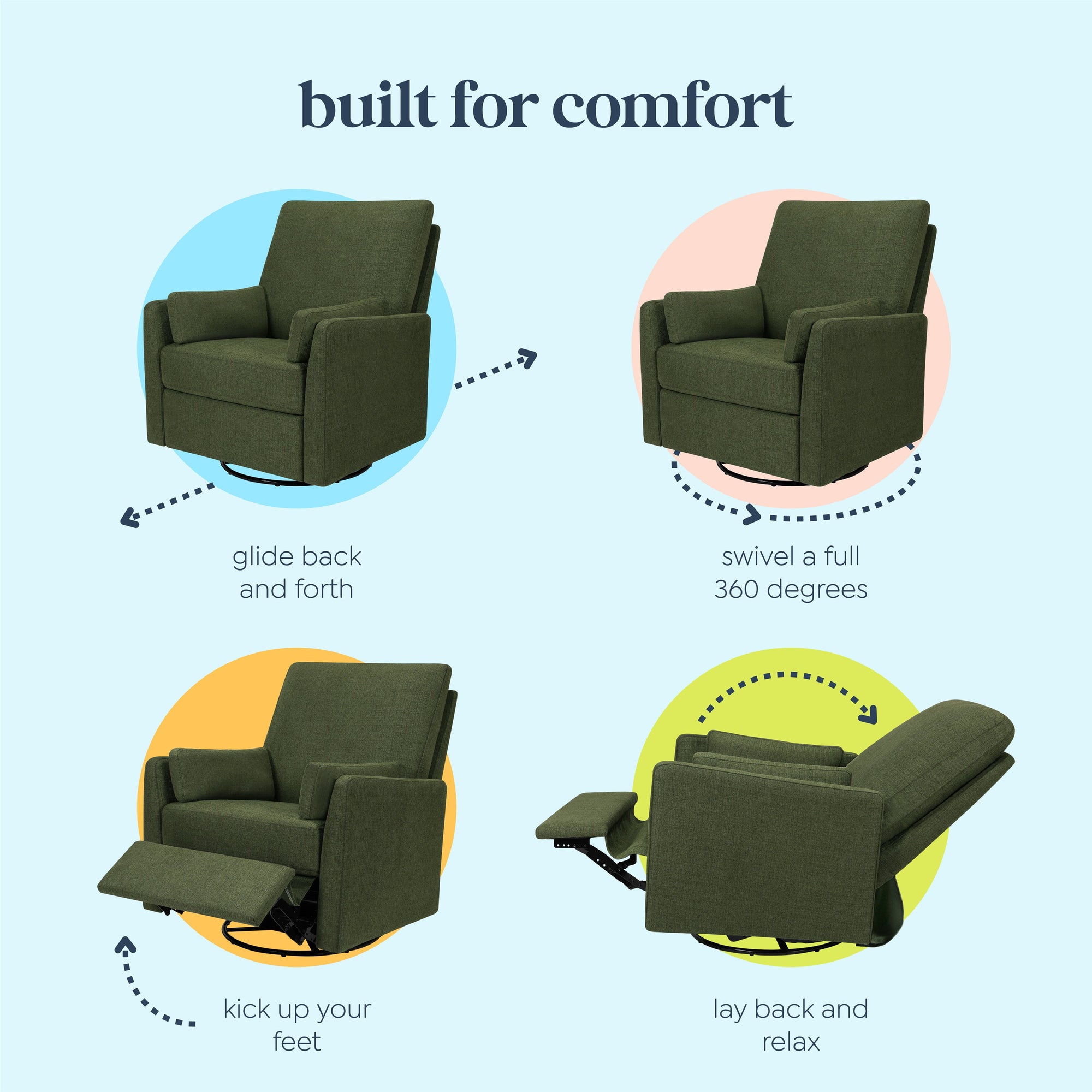 F24687PFGL,Carter's,Ethan Swivel Recliner in Performance Forest Green Linen