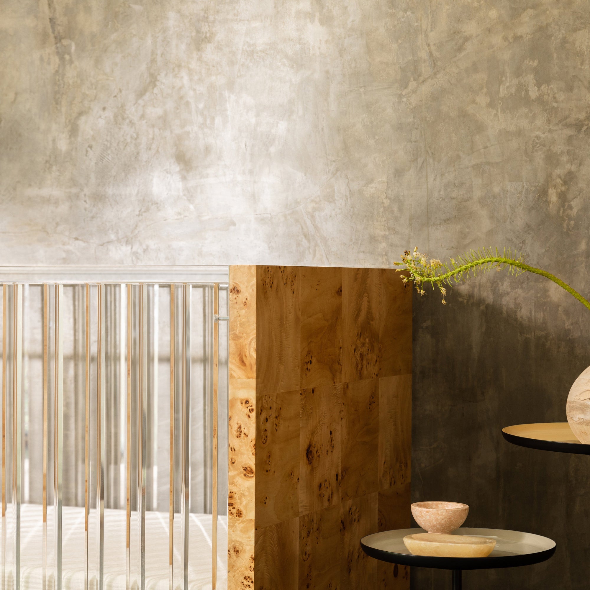 NW26101CKBU,Nursery Works,Altair Crib in Clear Acrylic with Burl