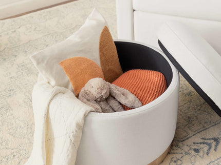 M22885PCMEWLB,Babyletto,Naka Storage Ottoman in Performance Cream Eco-Weave w/ Light wood base