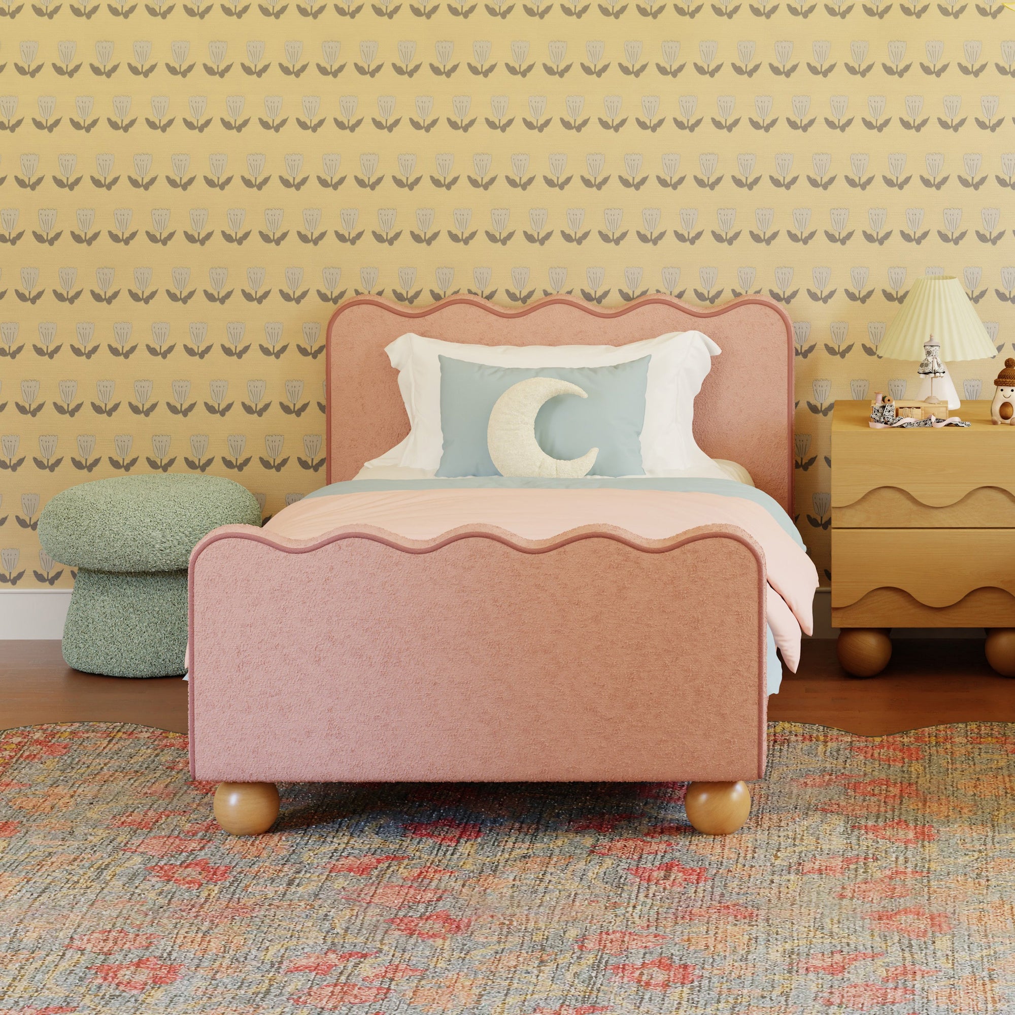 M31369PRSBRY,Babyletto Kids,Rizo Twin Bed in Performance Rose Boucle w/Raspberry Piping
