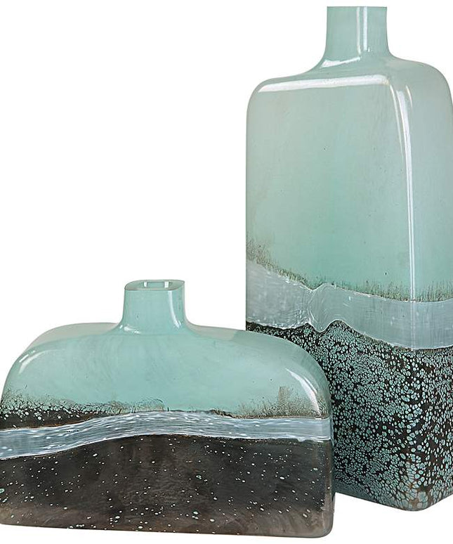 Uttermost Fuze 14" High Aqua and Bronze Glass Vases Set of 2