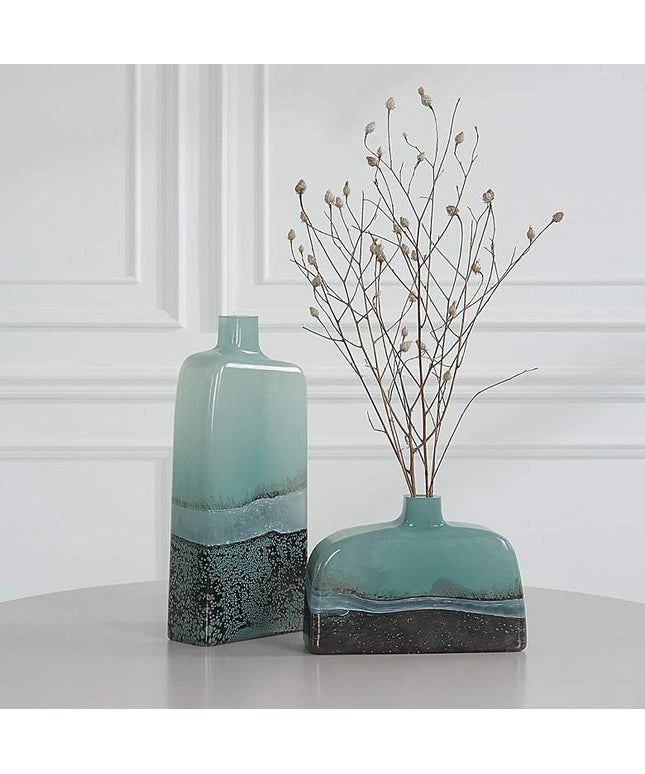 Uttermost Fuze 14" High Aqua and Bronze Glass Vases Set of 2