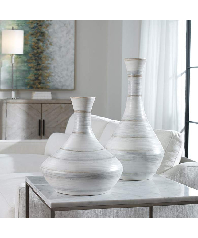 Uttermost Potter Striped Ivory Blue Ceramic Vases Set of 2