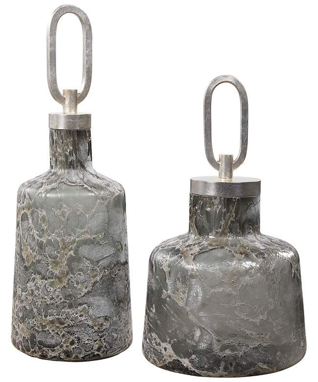Uttermost Storm Charcoal Taupe Silver Glass Bottles Set of 2