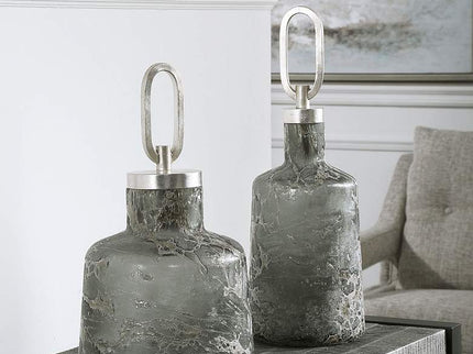 Uttermost Storm Charcoal Taupe Silver Glass Bottles Set of 2