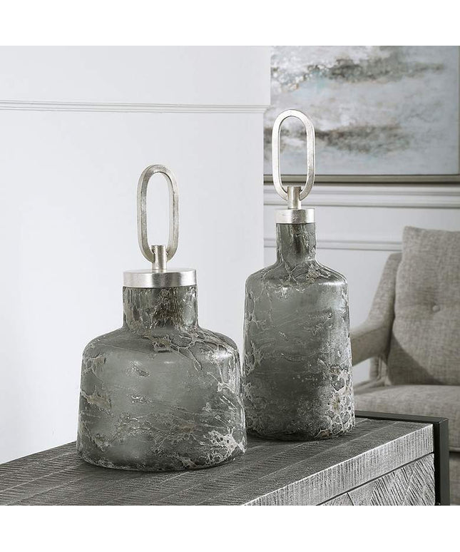 Uttermost Storm Charcoal Taupe Silver Glass Bottles Set of 2