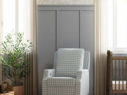 M22286BGHLB,Namesake,Crewe Electronic Swivel Glider Recliner in Blue Gingham with Light Wood Base