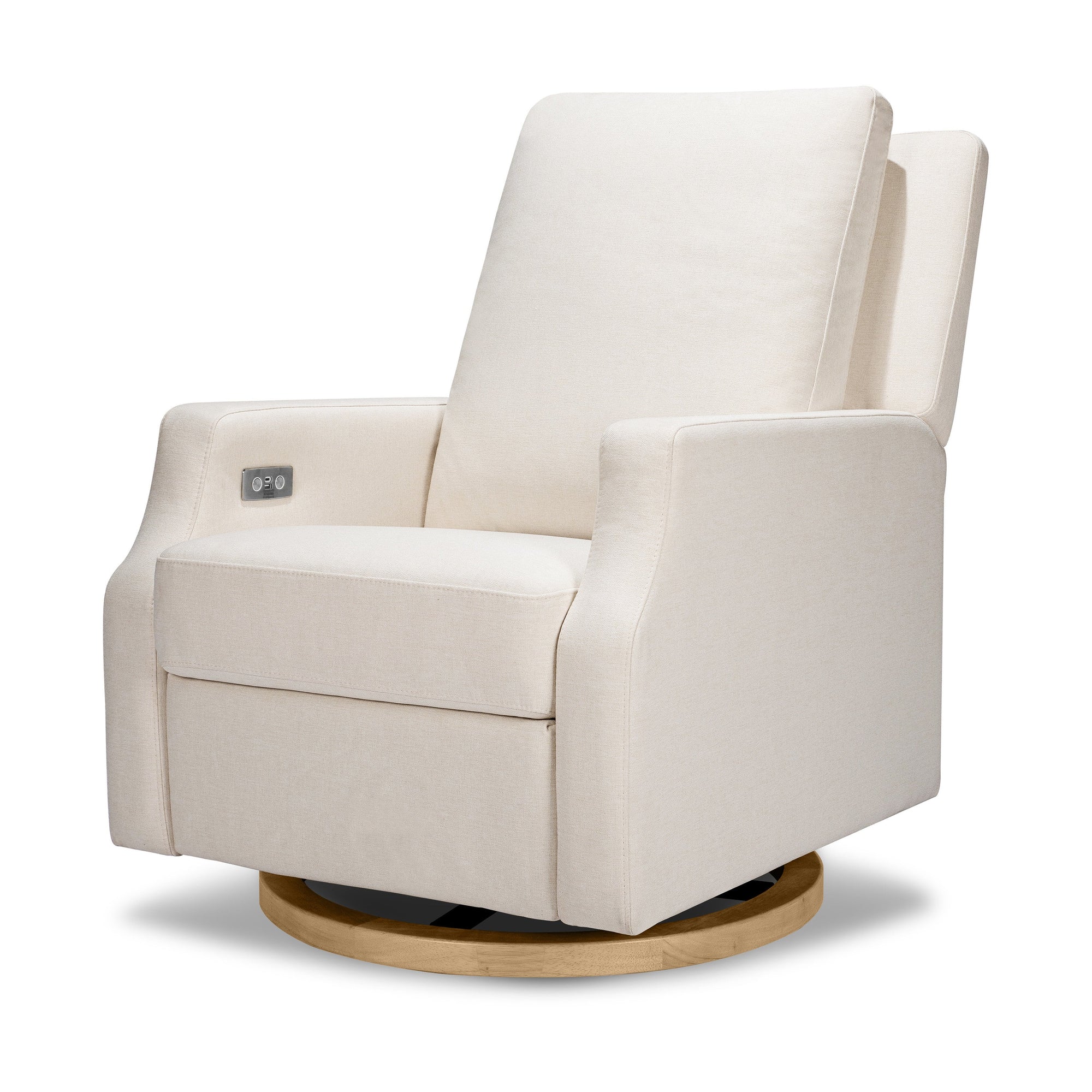 M22286PCMEWLB,Namesake,Crewe Electronic Swivel Glider Recliner in Performance Cream Eco-Weave w/Light Wood Base