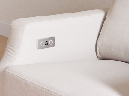 M22286PCMEWLB,Namesake,Crewe Electronic Swivel Glider Recliner in Performance Cream Eco-Weave w/Light Wood Base