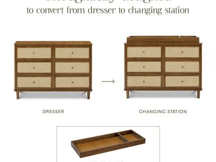 M23716NLBC,Namesake,Marin with Cane 6 Drawer Assembled Dresser in Natural Walnut and Blonde Cane