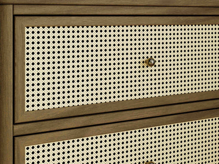 M23716NLBC,Namesake,Marin with Cane 6 Drawer Assembled Dresser in Natural Walnut and Blonde Cane