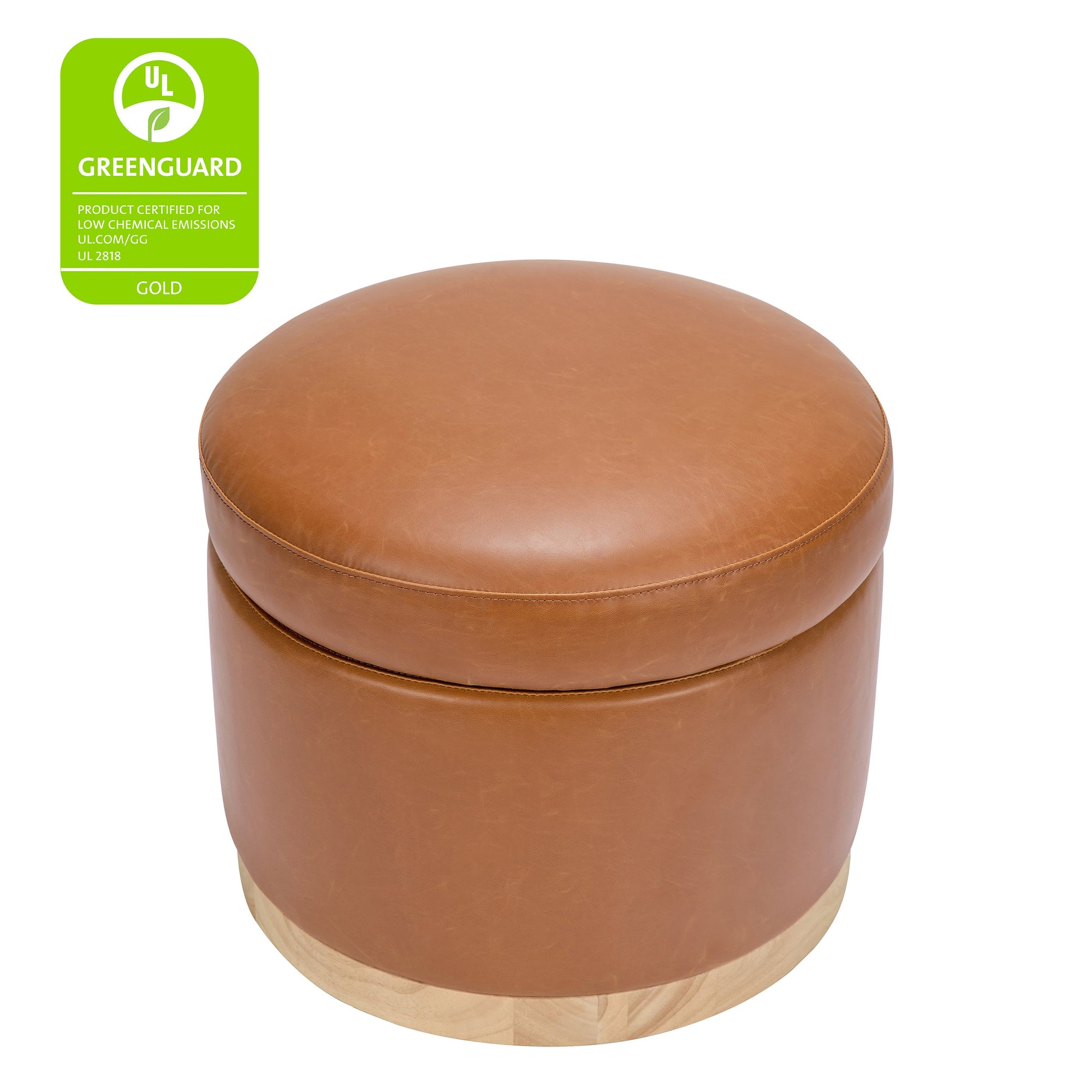 M22885TANLB,Babyletto,Naka Storage Ottoman in Vegan Tan Leather w/ Light Wood Base