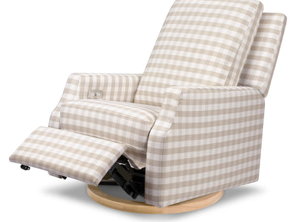 M22286TGHLB,Namesake,Crewe Electronic Swivel Glider Recliner in Tan Gingham with Light Wood Base