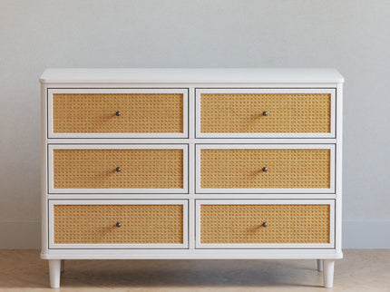 M23716RWHC,Namesake,Marin with Cane 6 Drawer Assembled Dresser in Warm White and Honey Cane