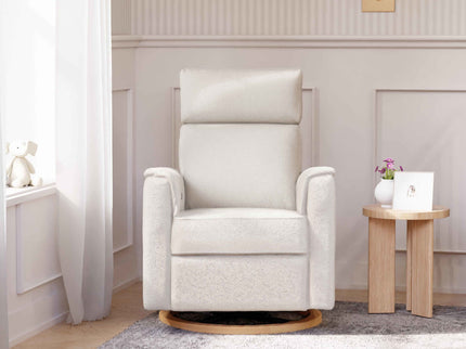 B17186WBLB,Monogram by Namesake,Willa Plus Power Glider Recliner w/ Power Headrest in Ivory Boucle with Light Wood Base