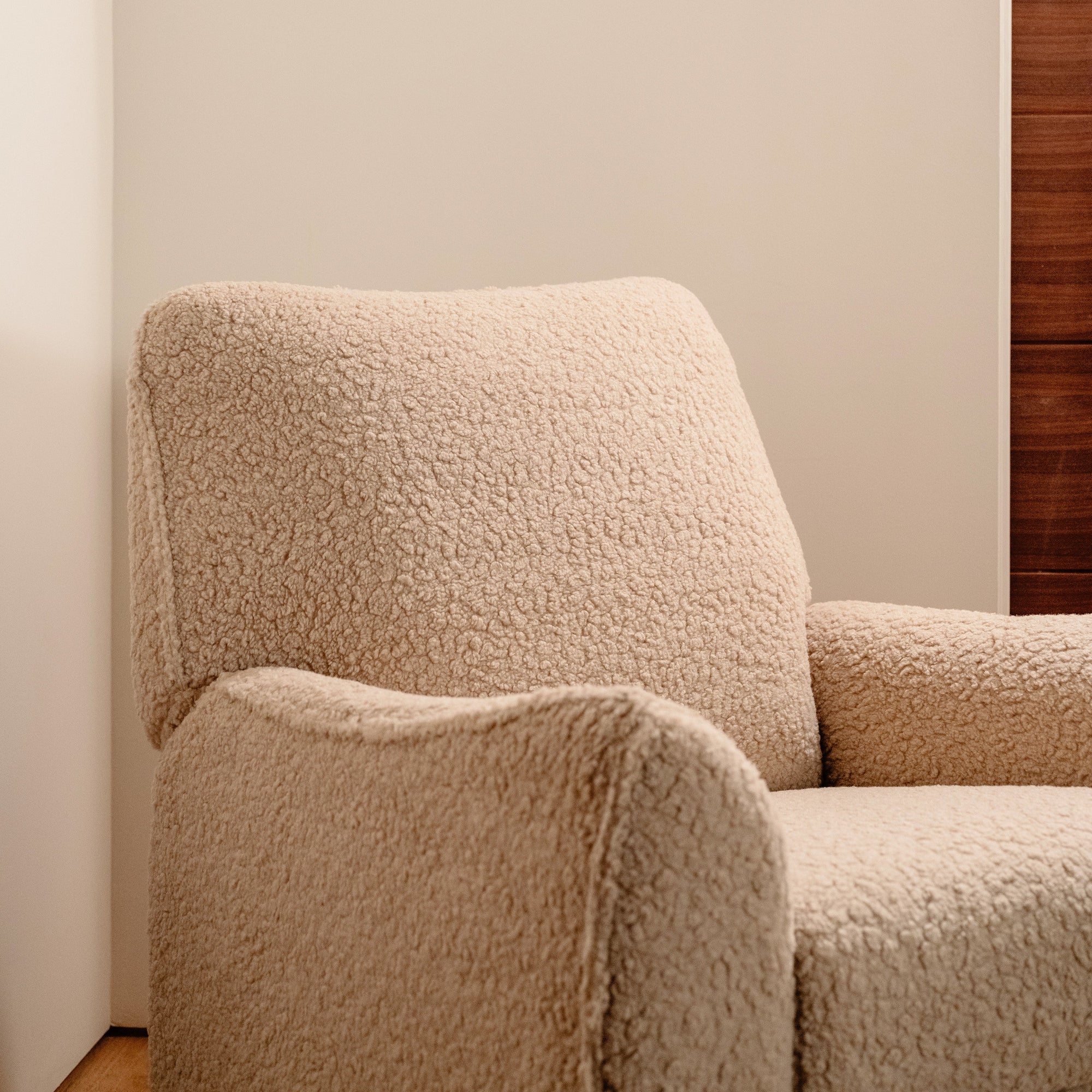 M24087CSGDB,Nursery Works,Sunday Power Recliner and Swivel Glider in Chai Shearling w/ Dark Wood Base