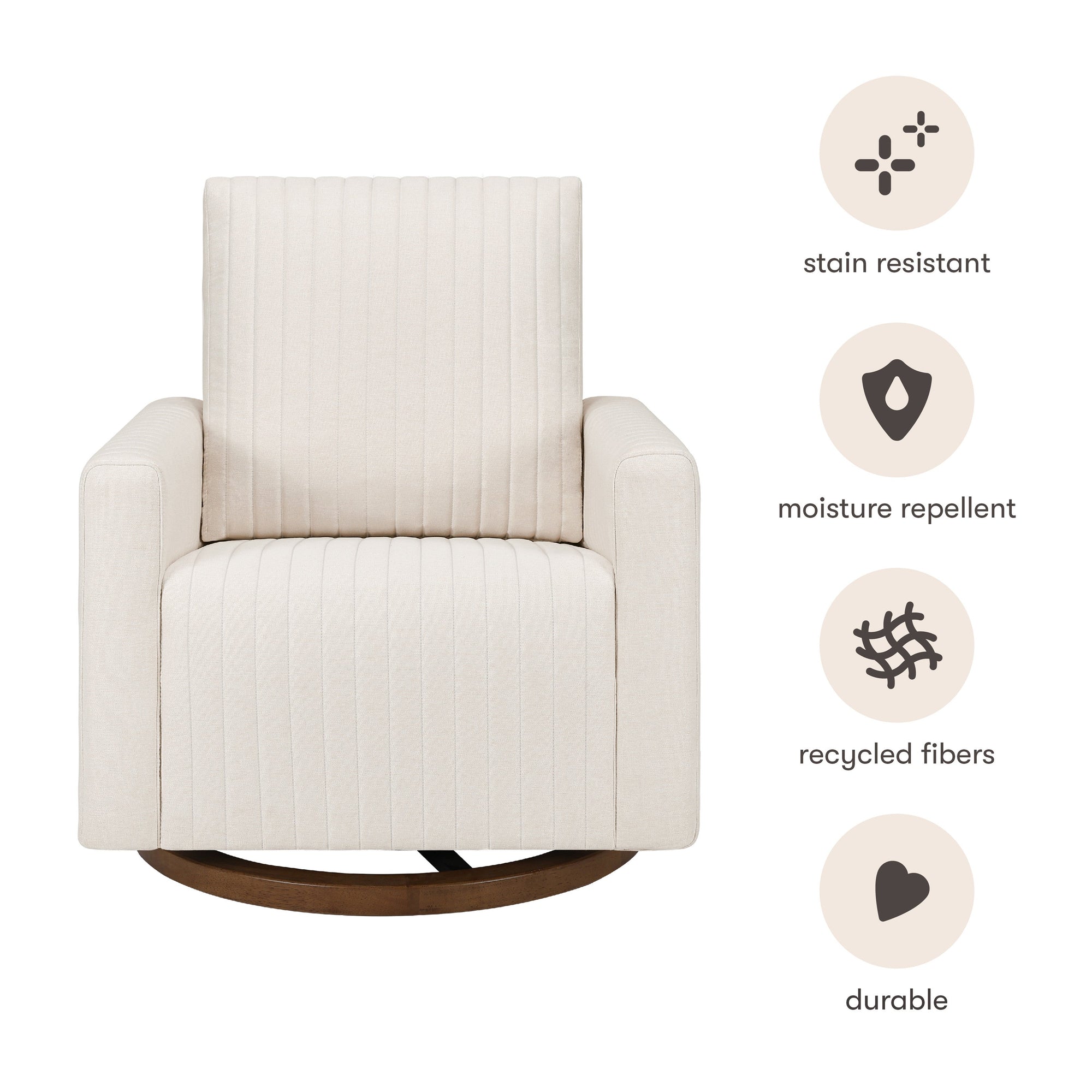 M26687PCMEWDB,Babyletto,Poe Channeled Swivel Glider in Performance Cream Eco-Weave w/ Dark Wood Base