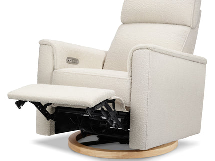 B17186WBLB,Monogram by Namesake,Willa Plus Power Glider Recliner w/ Power Headrest in Ivory Boucle with Light Wood Base