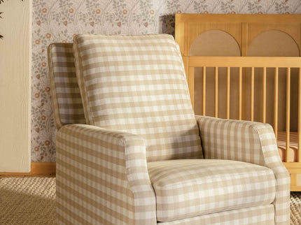 M22287TGHLB,Namesake,Crewe Recliner and Swivel Glider in Tan Gingham with Light Wood Base