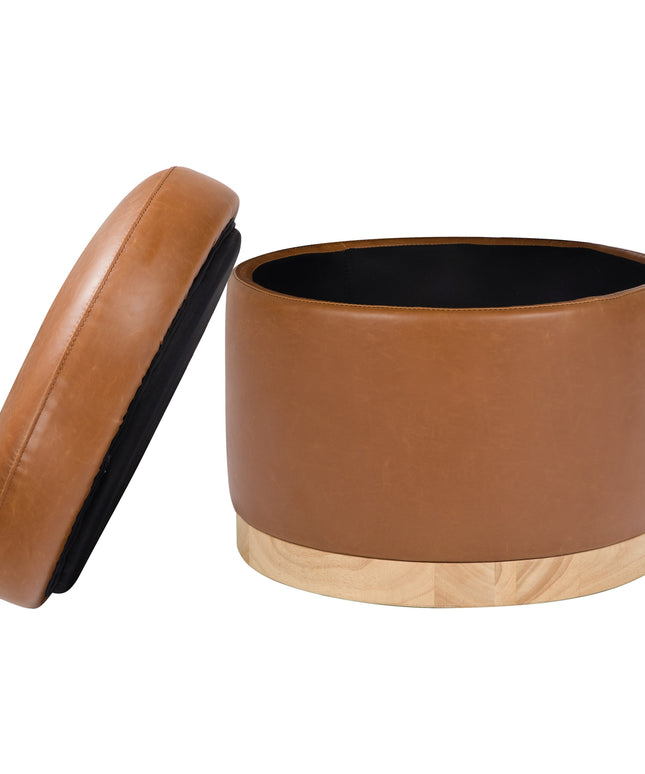 M22885TANLB,Babyletto,Naka Storage Ottoman in Vegan Tan Leather w/ Light Wood Base