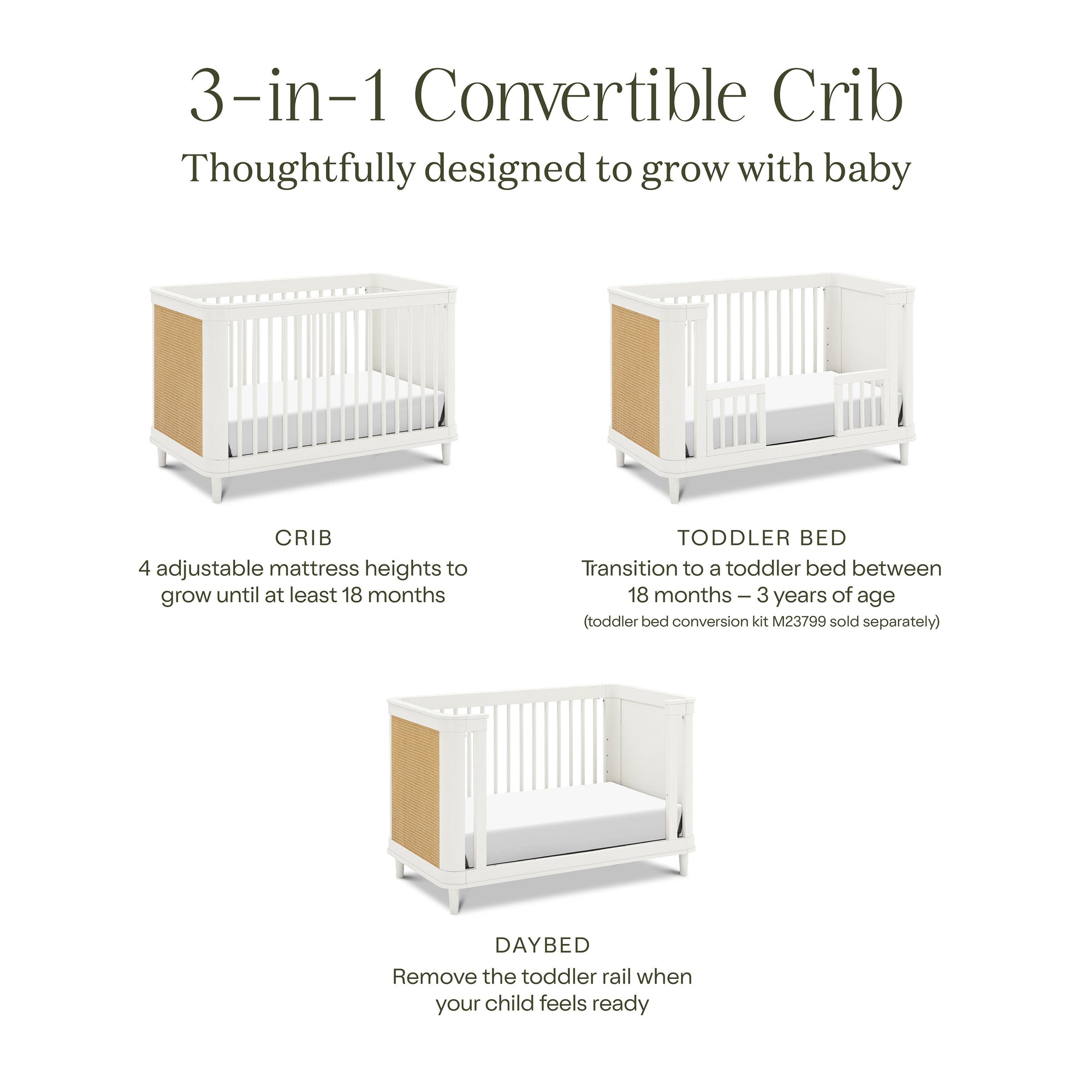 M23701RWHC,Namesake,Marin with Cane 3-in-1 Convertible Crib in Warm White and Honey Cane