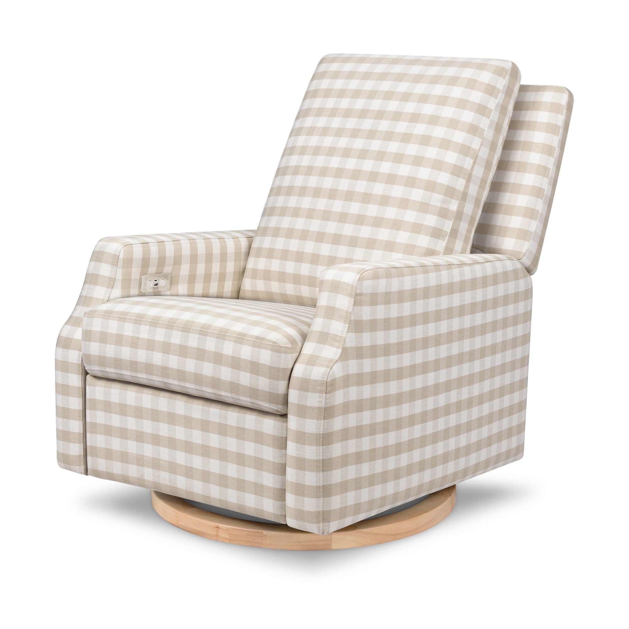 M22286TGHLB,Namesake,Crewe Electronic Swivel Glider Recliner in Tan Gingham with Light Wood Base