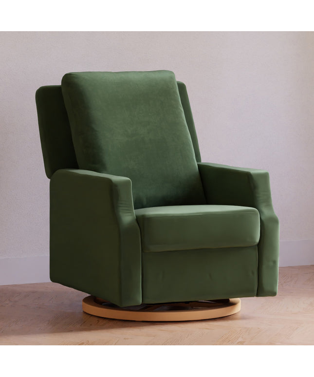 M22286FGVLB,Namesake,Crewe Electronic Swivel Glider Recliner in Forest Green Velvet w/Light Wood Base