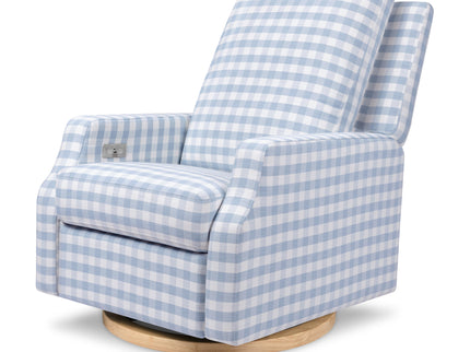 M22286BGHLB,Namesake,Crewe Electronic Swivel Glider Recliner in Blue Gingham with Light Wood Base