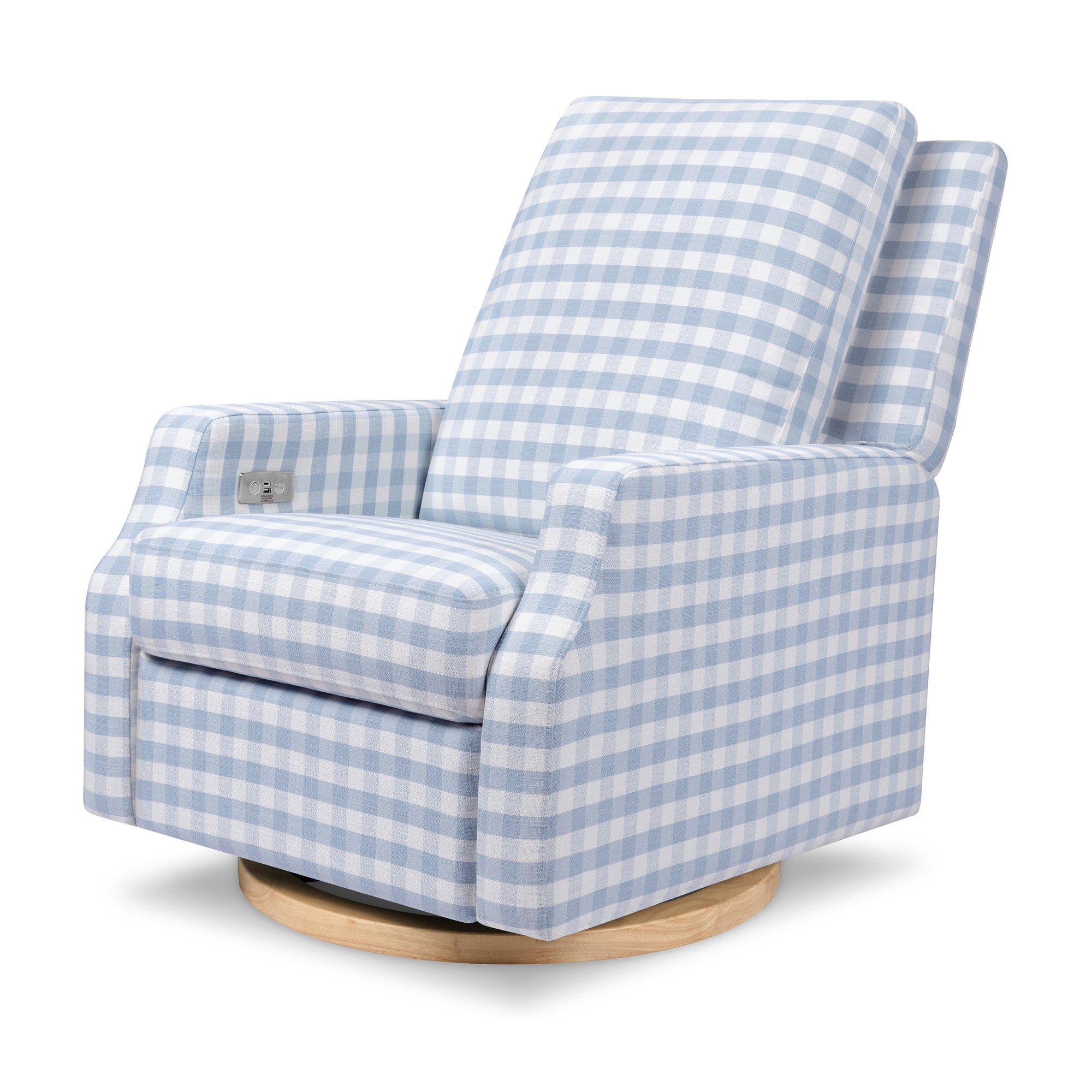 M22286BGHLB,Namesake,Crewe Electronic Swivel Glider Recliner in Blue Gingham with Light Wood Base