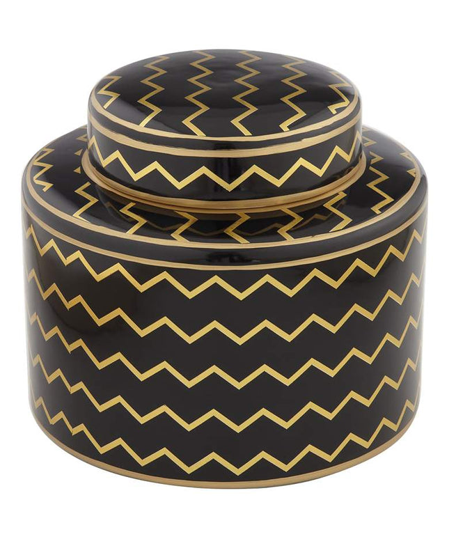 Zig Zag Black and Gold 7" High Decorative Jar with Lid