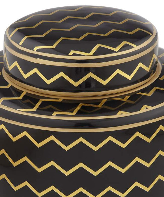Zig Zag Black and Gold 7" High Decorative Jar with Lid