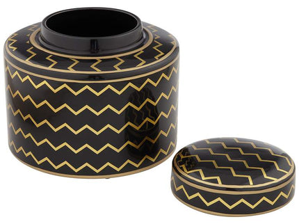 Zig Zag Black and Gold 7" High Decorative Jar with Lid