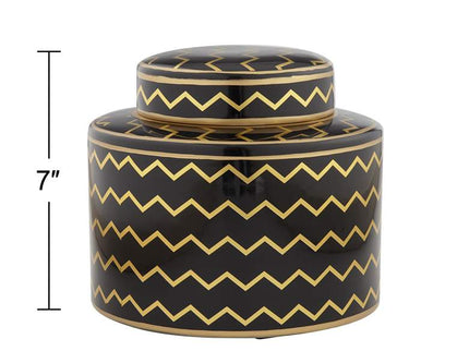 Zig Zag Black and Gold 7" High Decorative Jar with Lid