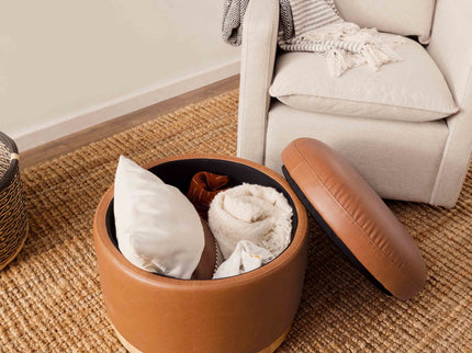 M22885TANLB,Babyletto,Naka Storage Ottoman in Vegan Tan Leather w/ Light Wood Base