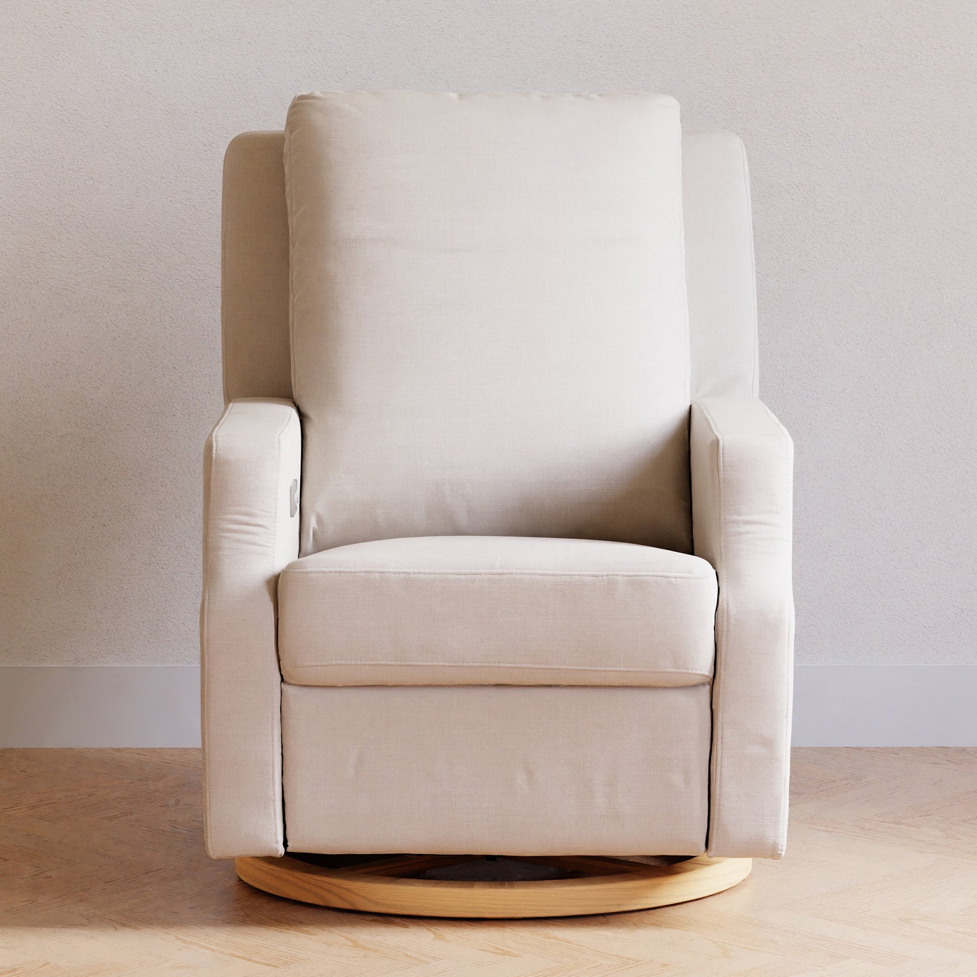 M22286PCMEWLB,Namesake,Crewe Electronic Swivel Glider Recliner in Performance Cream Eco-Weave w/Light Wood Base